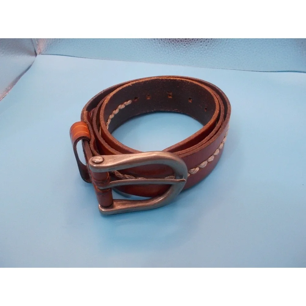 Carhartt Mens Brown Leather Whipstitch Braided Detail Belt Silver Tone Buckle